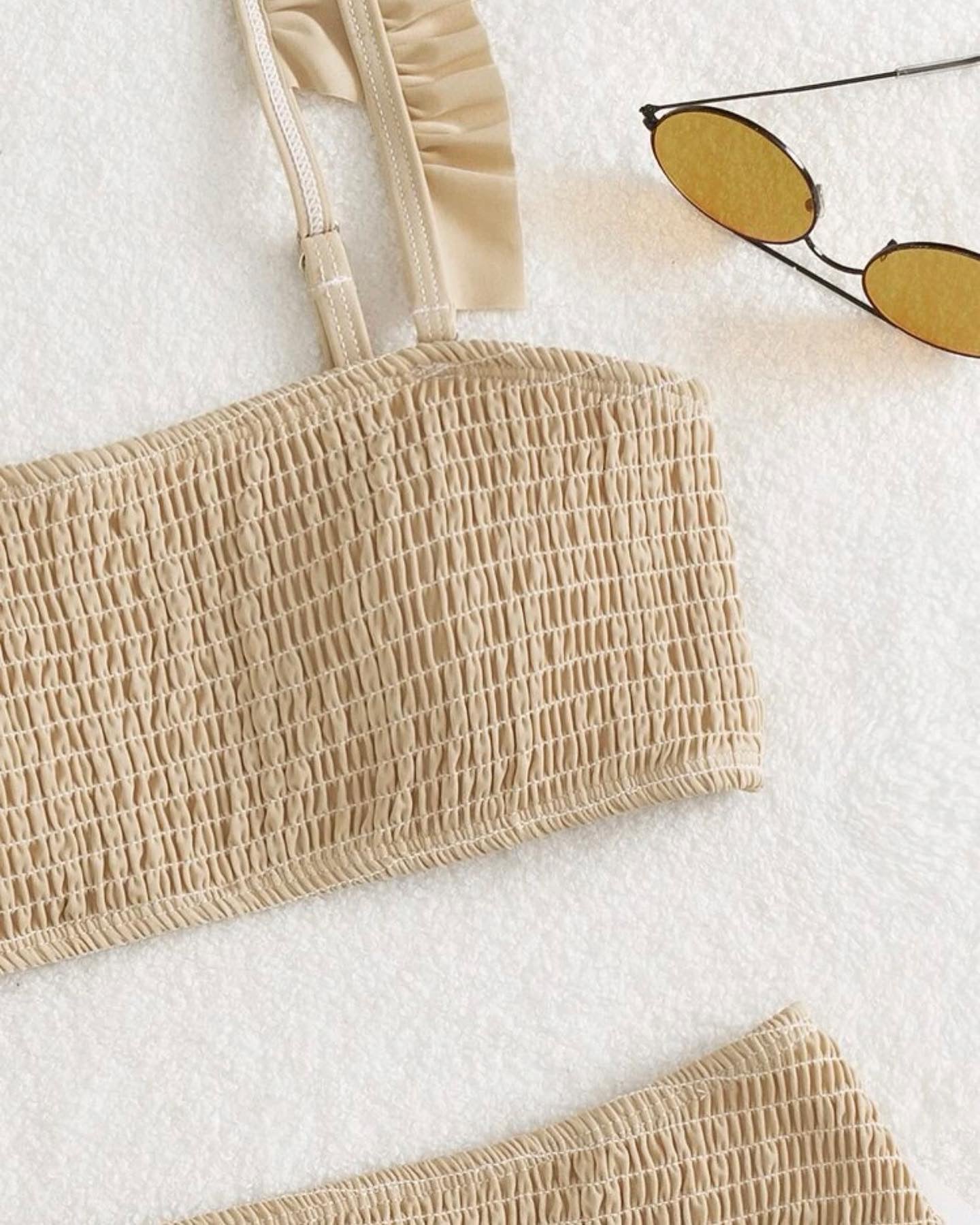 Solid smocked frill trim bikini swimsuit