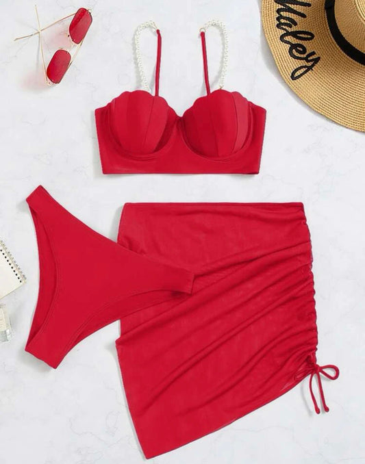 Red 3 piece faux pearl decor push up bikini swimsuit & beach skirt