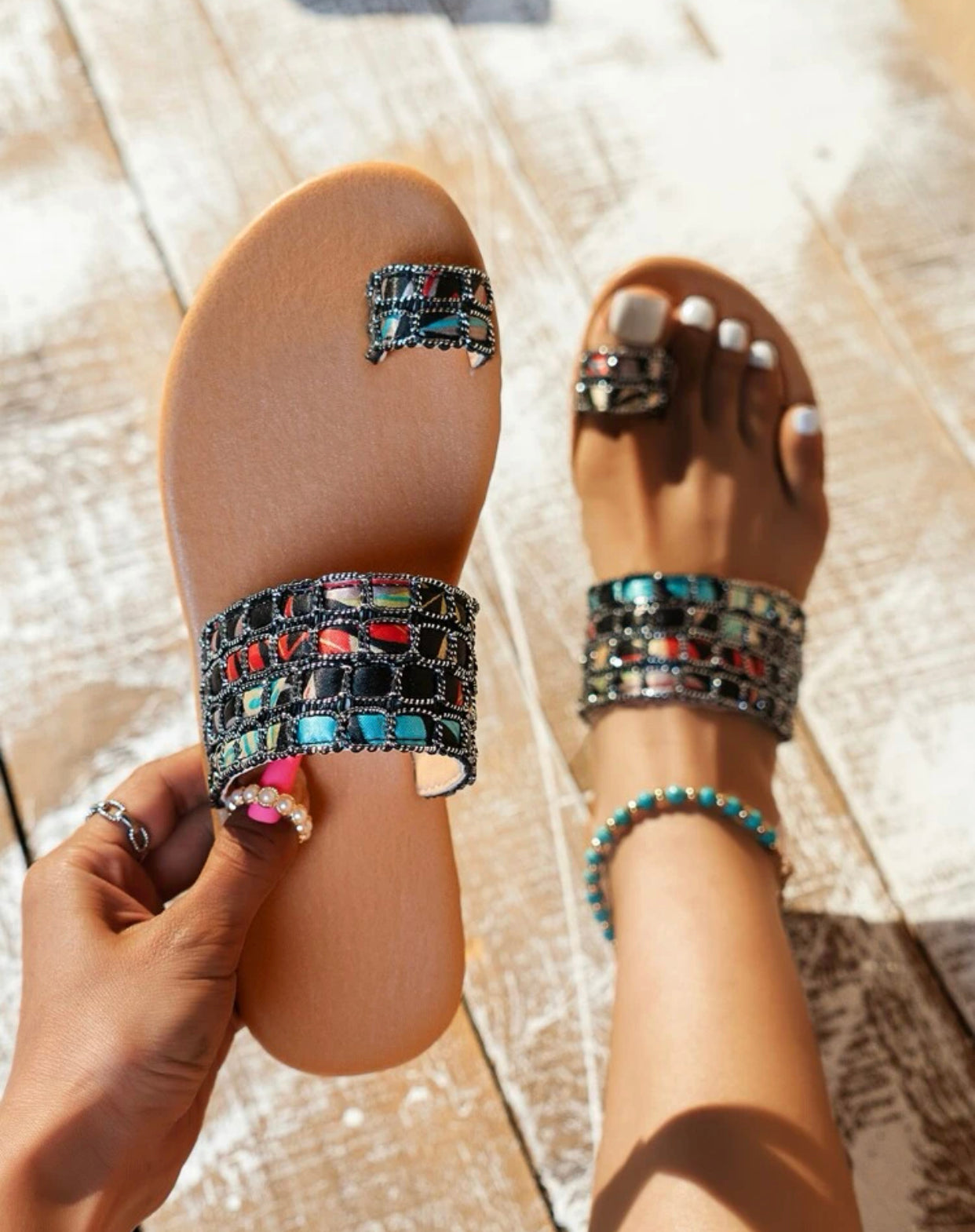 Rope decor toe ring design thong slide sandals