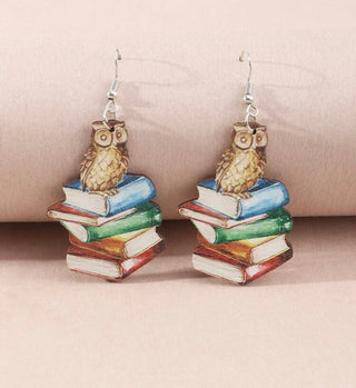 Book & owl drop earrings