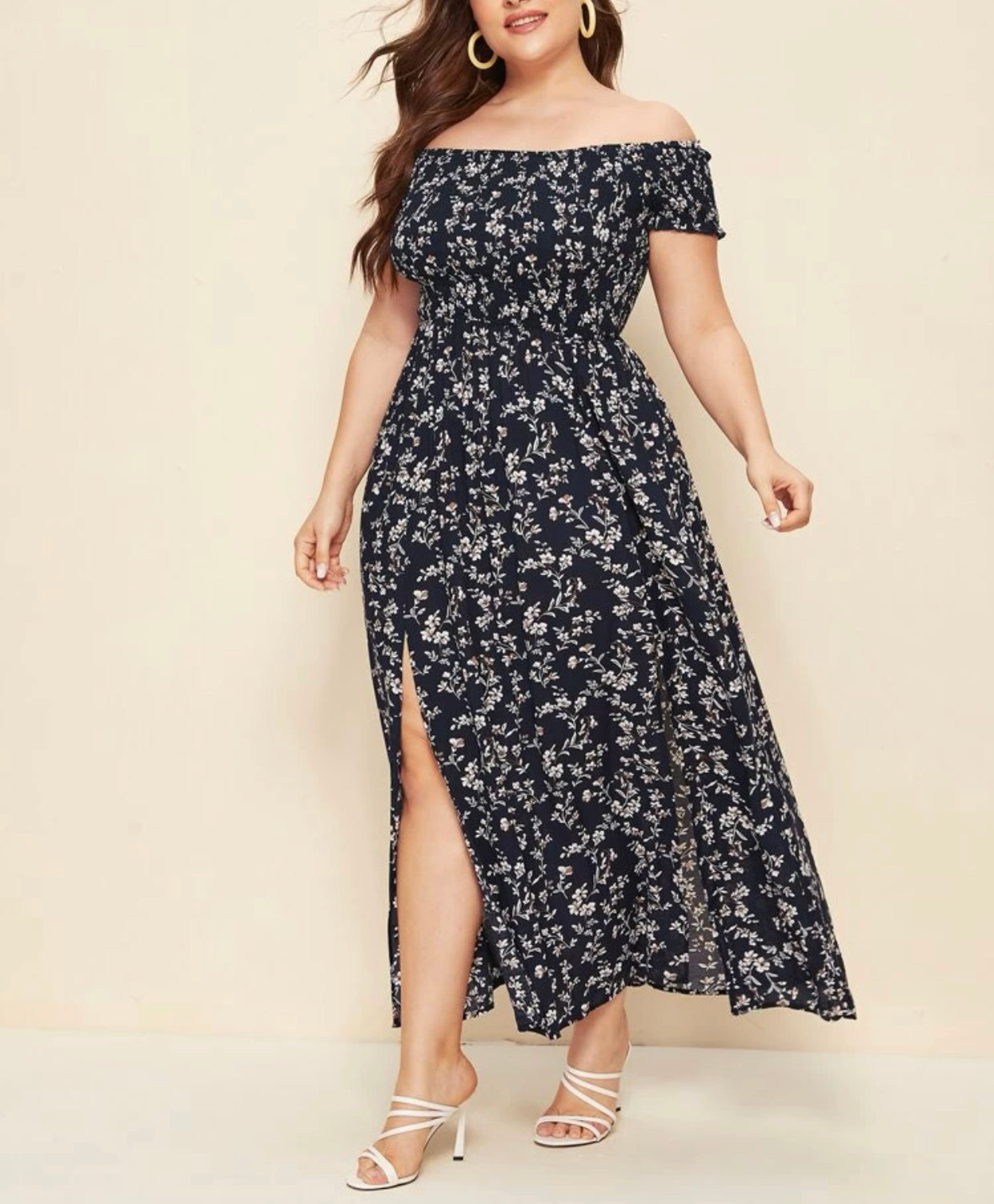 Curve & plus off shoulder shirred split ditsy floral dress