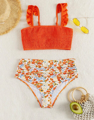 Maternity floral print smock ruffle trim bikini swimsuit