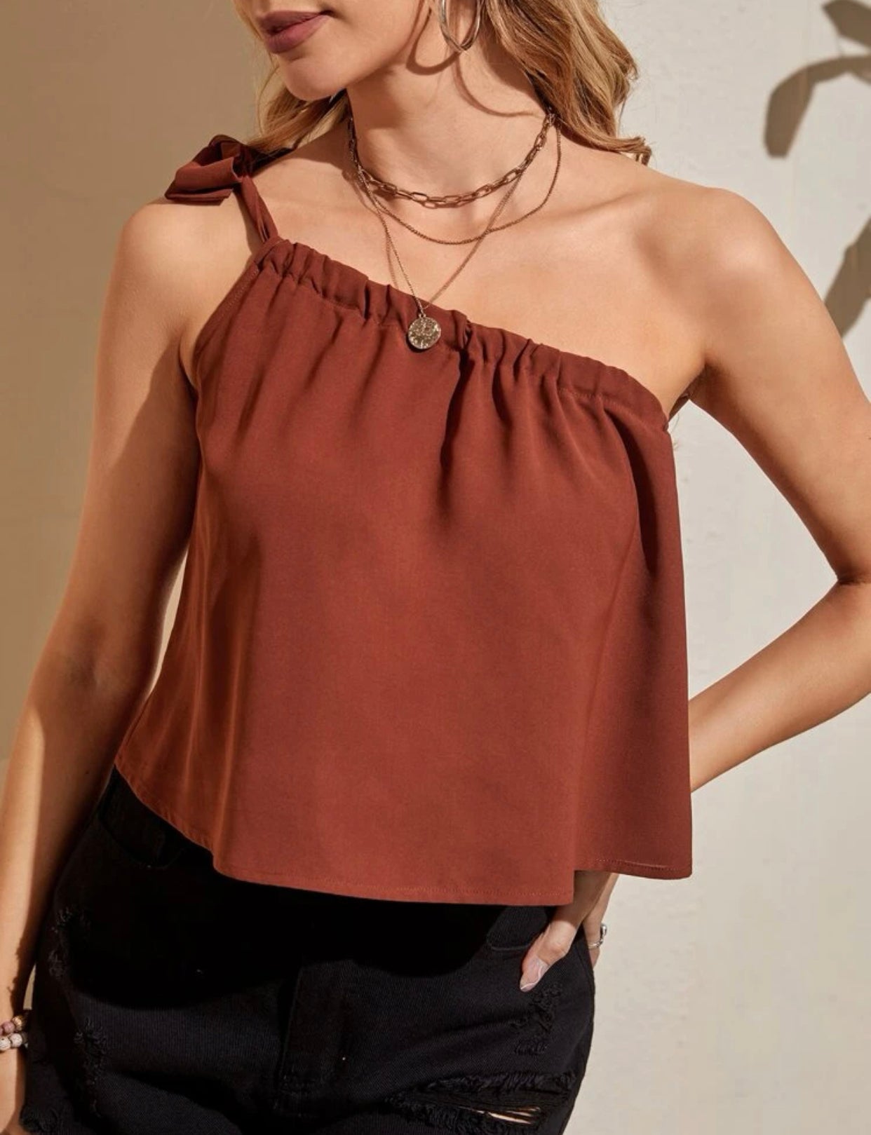 One shoulder drawstring knot side top
