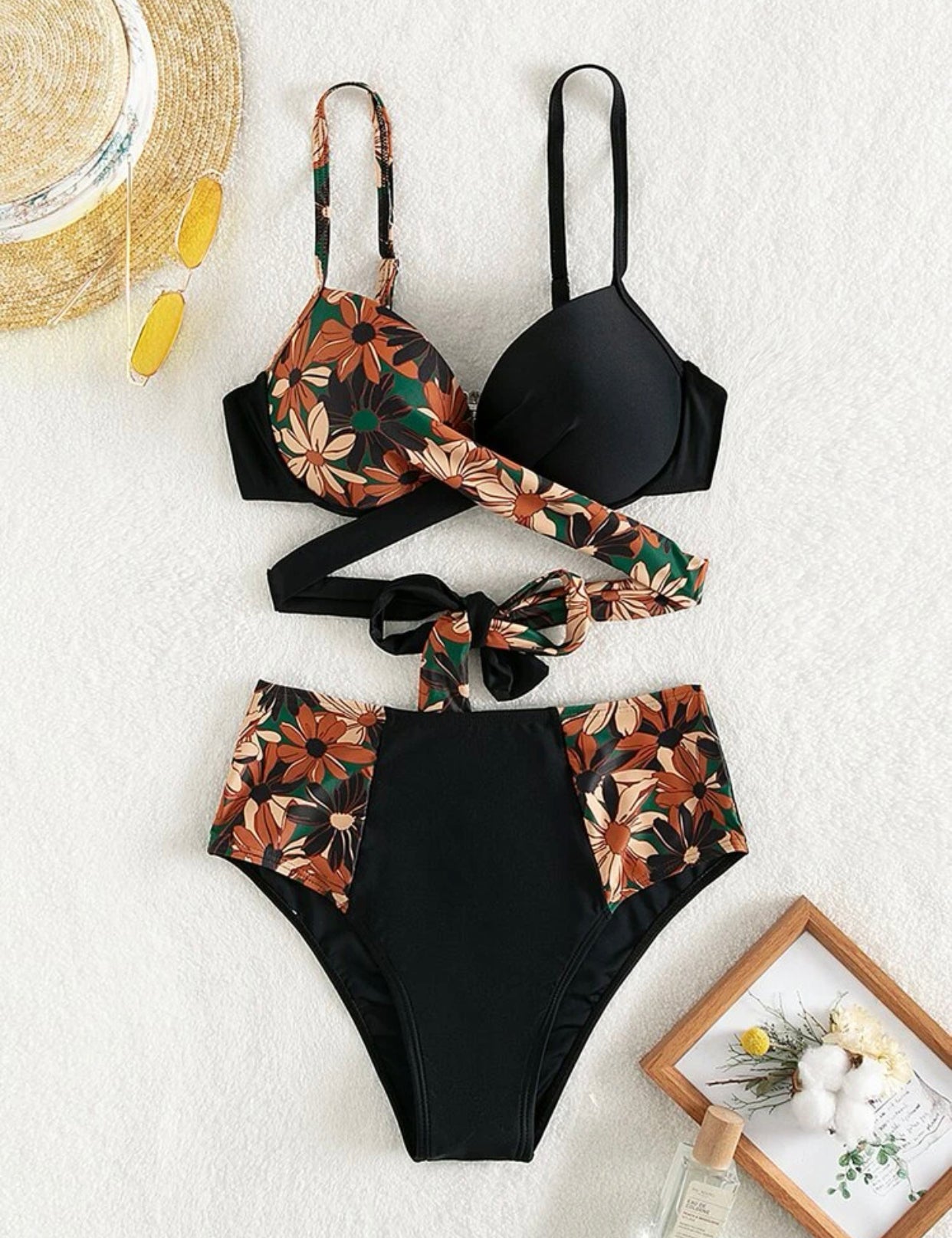 Random floral print tie back push up high waist bikini swimsuit
