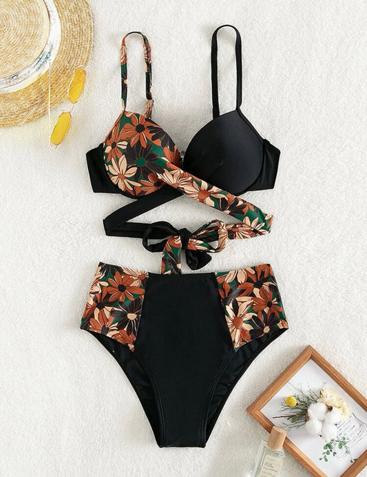 Random floral print tie back push up high waist bikini swimsuit