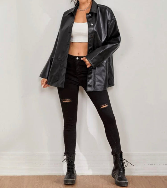 Button front drop shoulder PU leather coat
