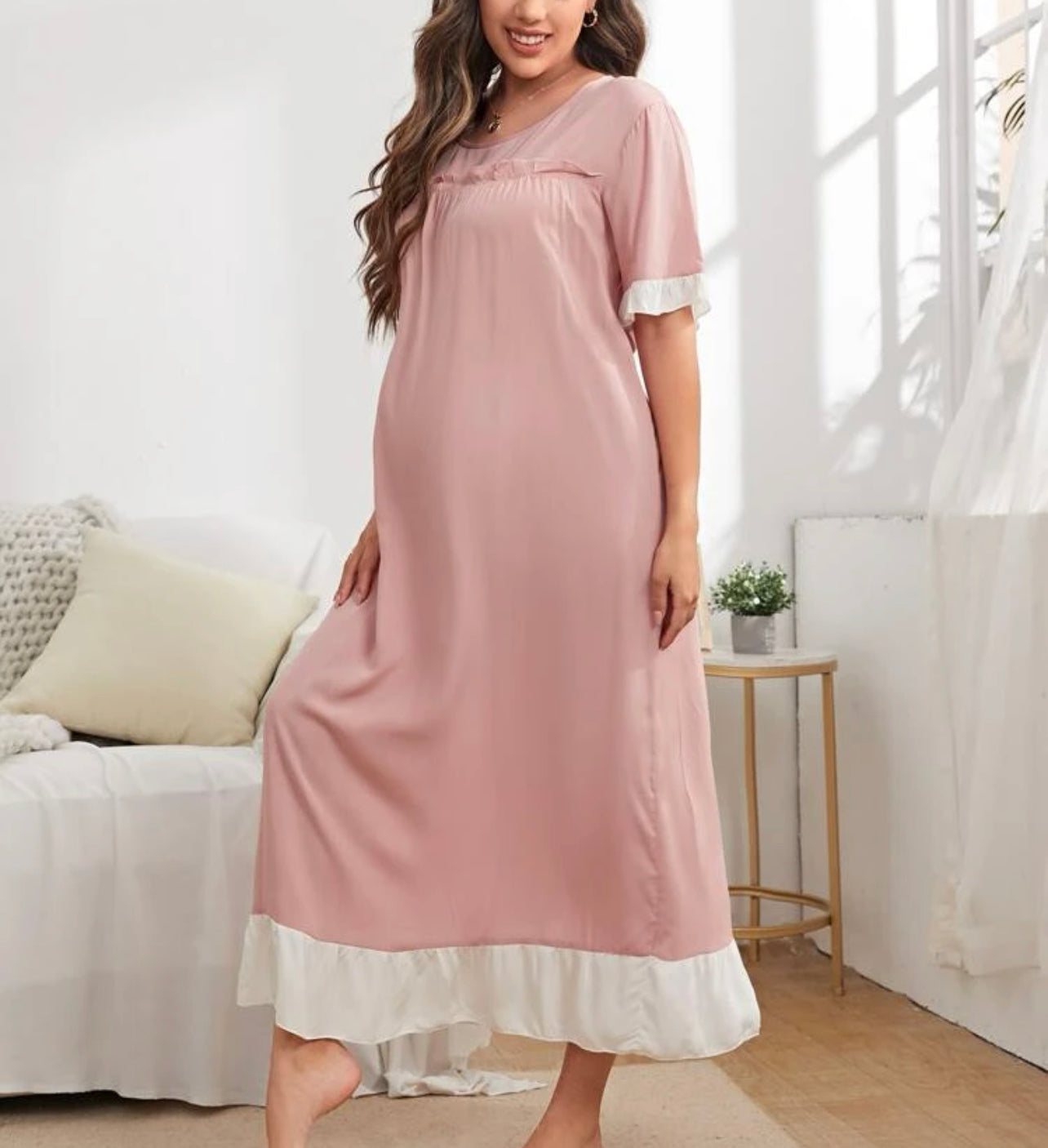 Maternity Ruffle Trim Flounce Sleeve Lounge Dress