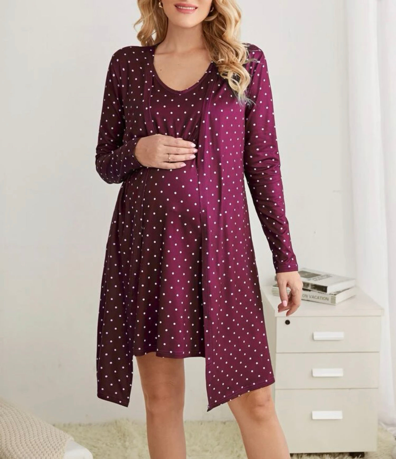Maternity Polka Dot Print Nursing Tank Dress & Open Front Robe