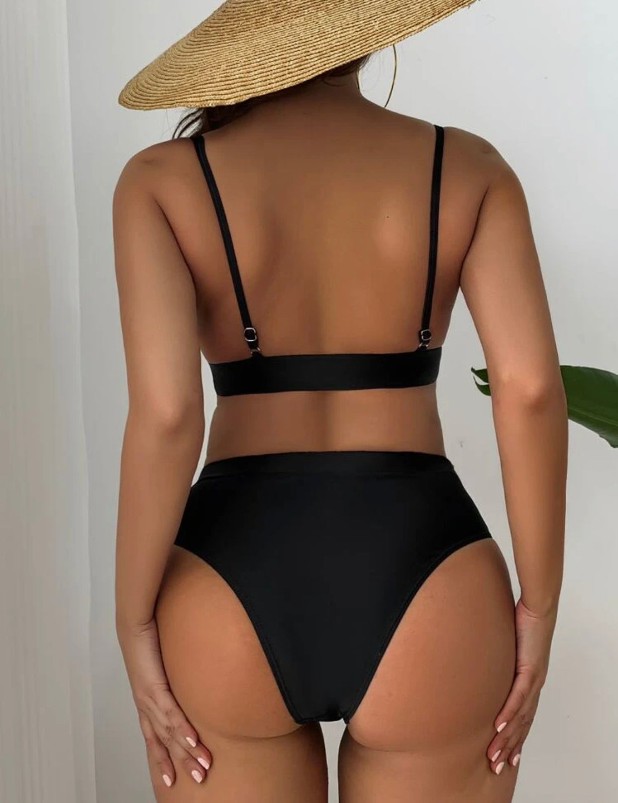 Flower embroidered trim high waisted bikini swimsuit