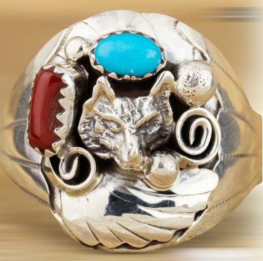 Native American style wolf decor coral and turquoise inspired statement ring. Size 11.