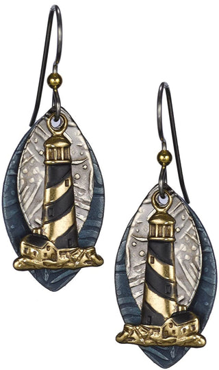 Bronze & Purple Lighthouse Earrings Layered over Textured Tear Drop Discs