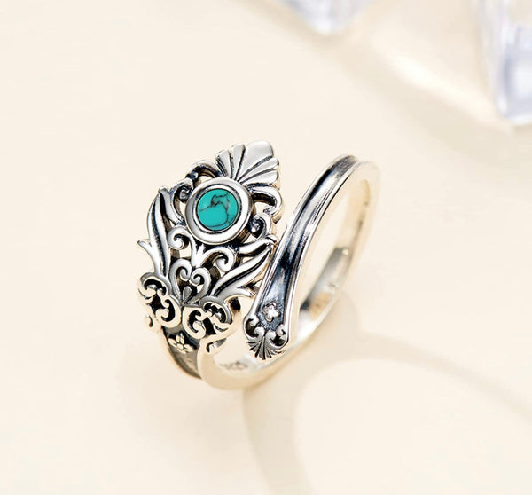 Sterling Silver Turquoise Spoon Ring - S925 Victorian Vintage style adjustable ring.