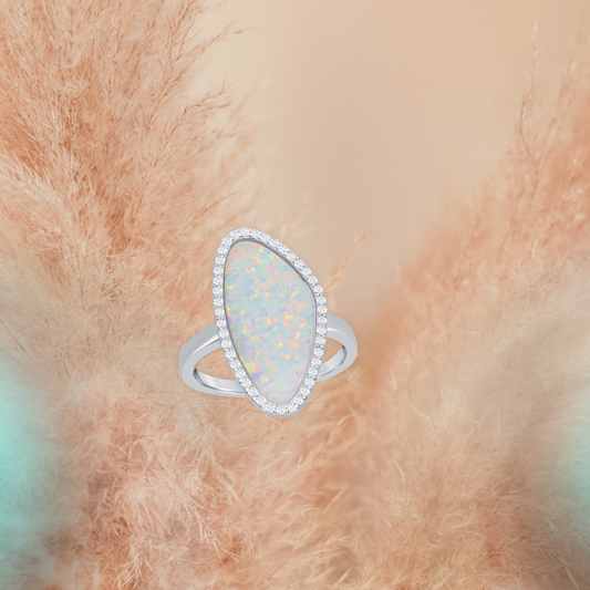 Sterling Silver Oval Created White Opal with CZ Border Ring