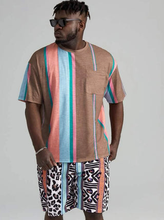 Extended sizes men striped pocket front tee & leopard print shorts set