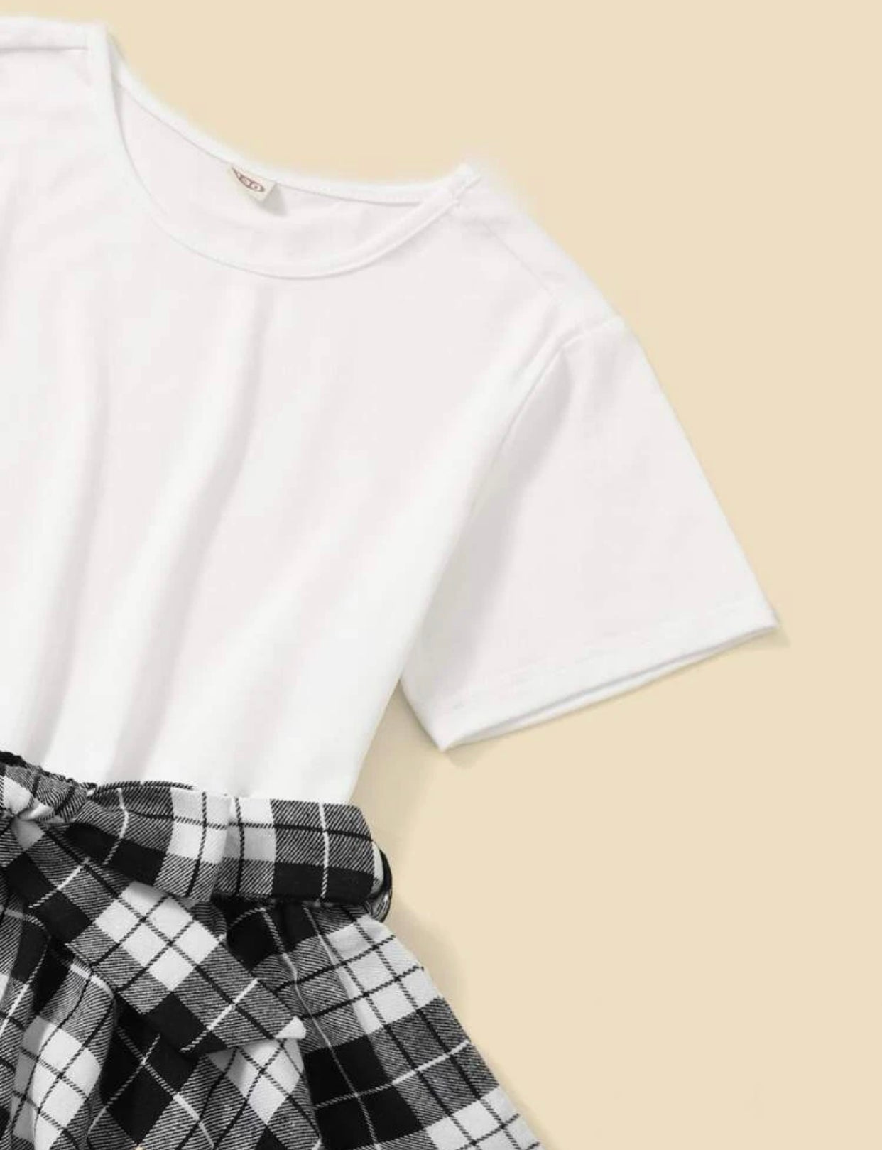 Girls black & white solid tee & plaid belted asymmetric skirt