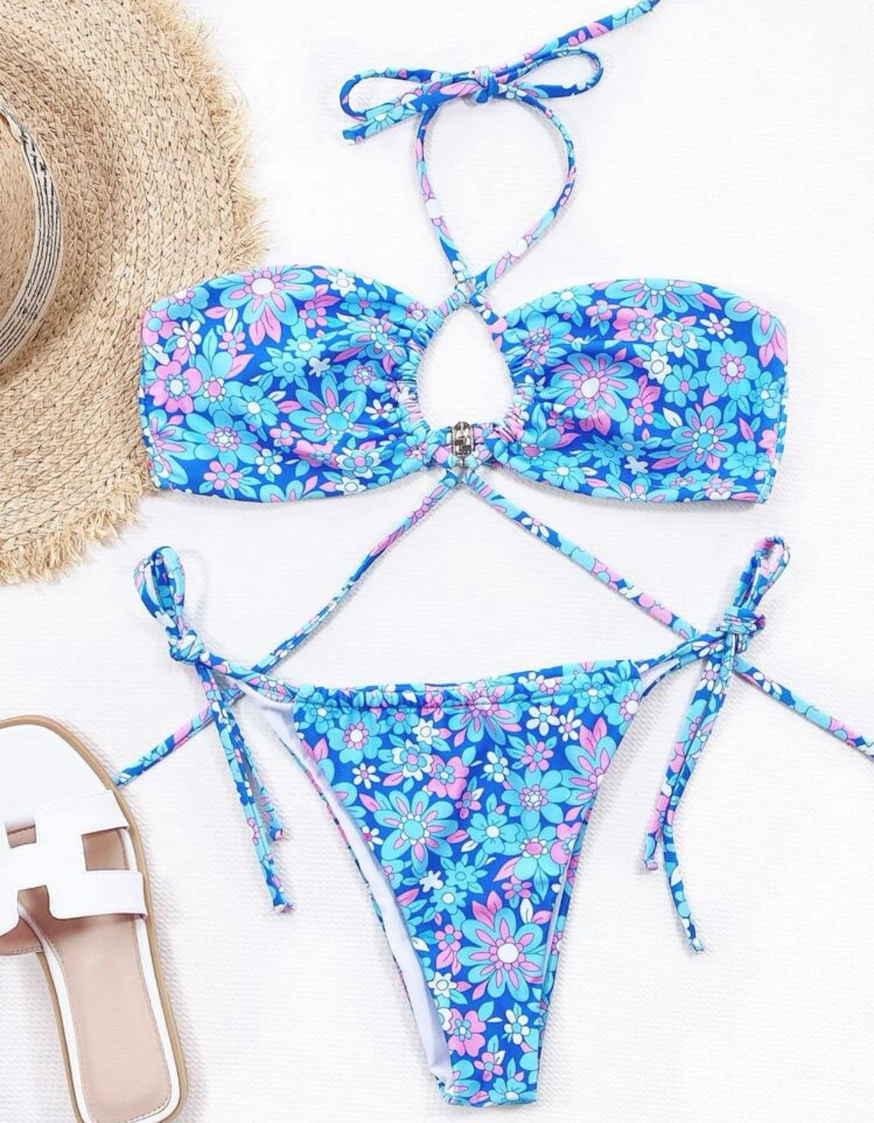 Ditsy floral halter thong bikini swimsuit