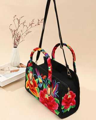 Bird & floral embroidered top handle bag