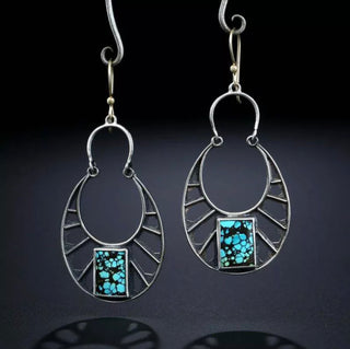 Bohemian hollow out square blue stone dangle earrings