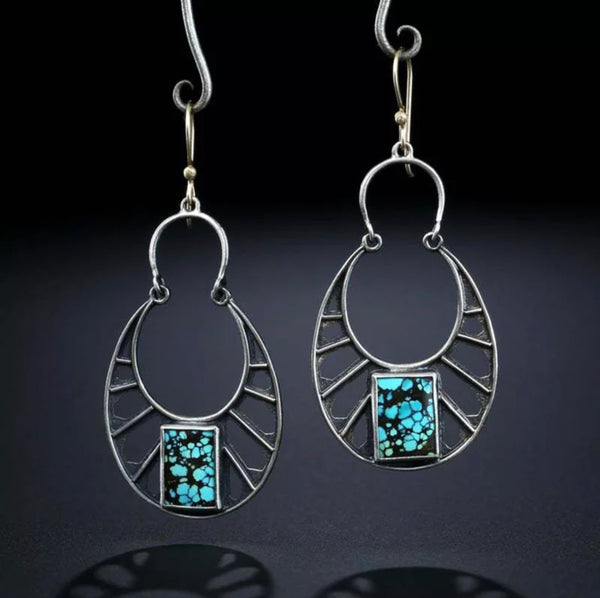 Bohemian hollow out square blue stone dangle earrings