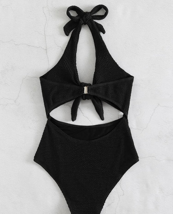 Textured cut-out halter one piece swimsuit