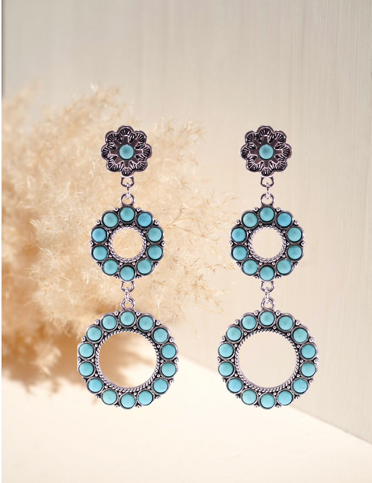 Wonderent Small Turquoise Elegant Bohemian Dangle Metal Double Circle Earrings.