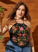 Plus floral embroidery halter top
