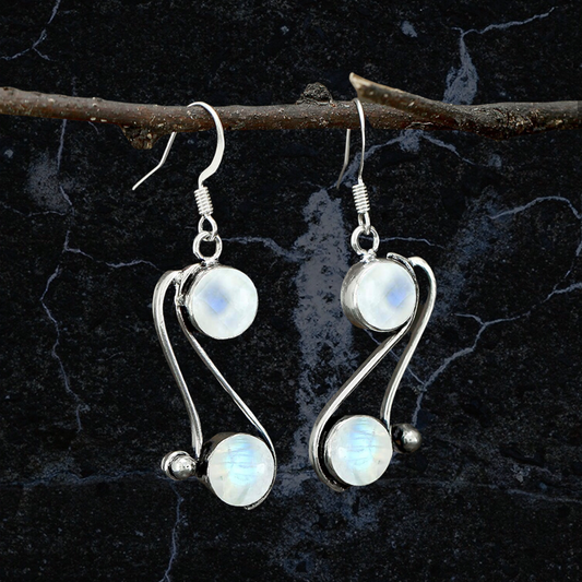 Natural Moonstone 8mm Round Shape Gemstones 925 Silver Overlay handmade Dangle Earrings