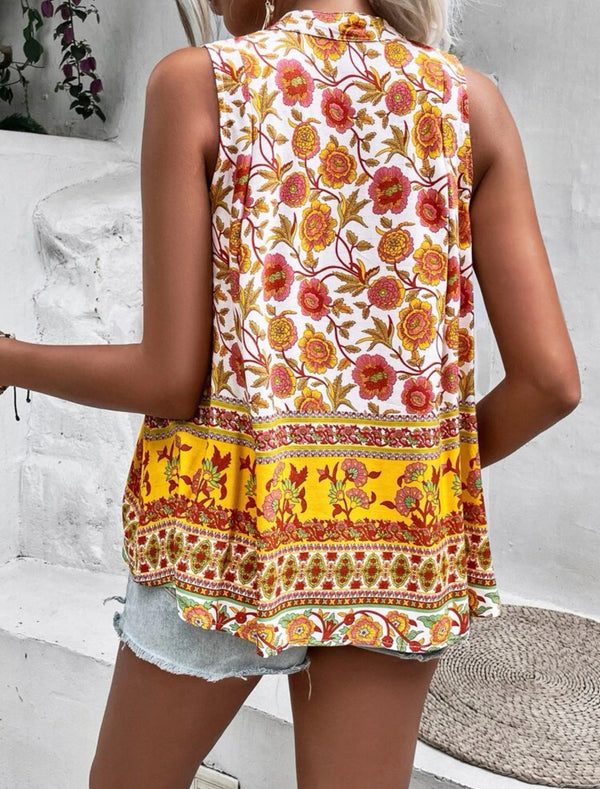 Floral print tie neck sleeveless blouse