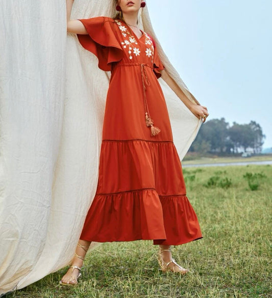 Floral Embroidery Butterfly Sleeve Tassel Drawstring Dress