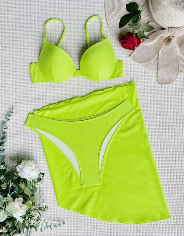 Lime green 3 pack neon green push up bikini swimsuit & beach skirt