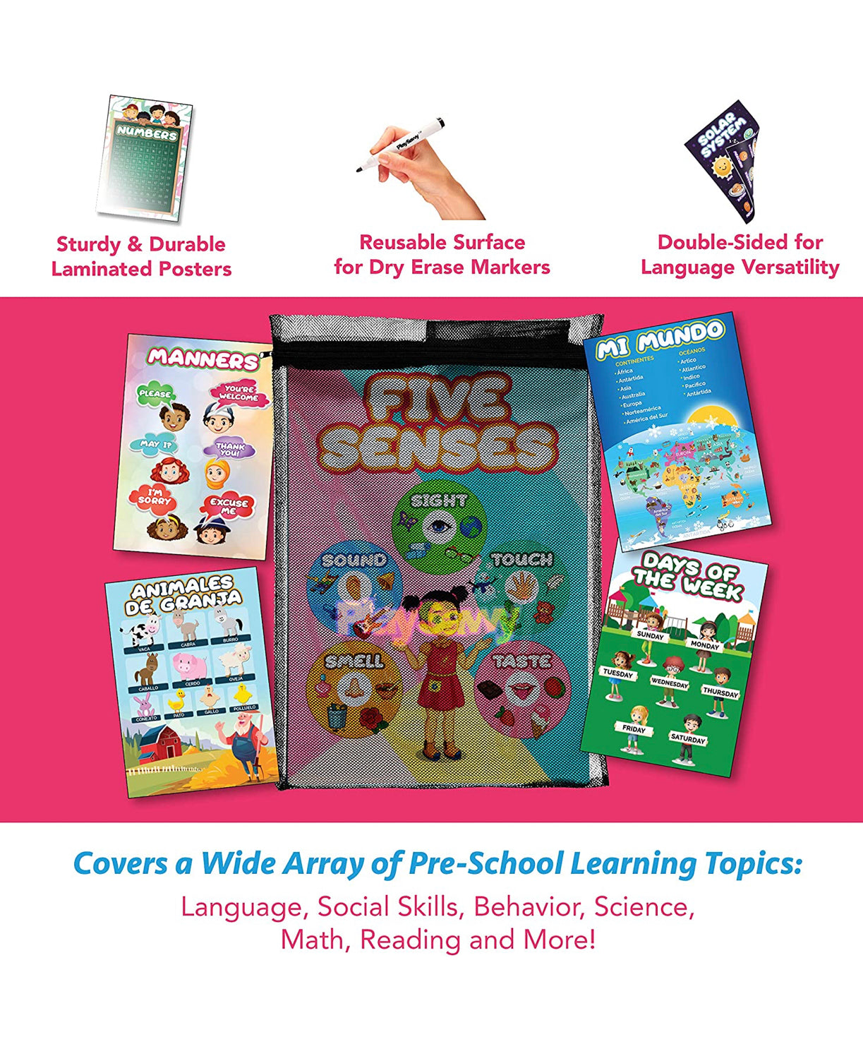 Kid’s Preschool Educational Poster Set, 38 Pc, Bilingual English/Spanish