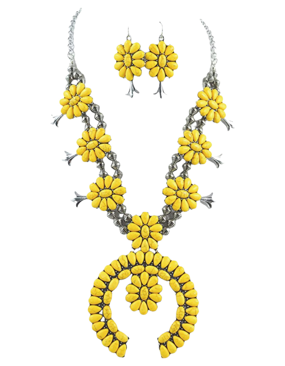 Yellow Chunky Western Turquoise Squash Blossom Statement Necklace and Earrings Set