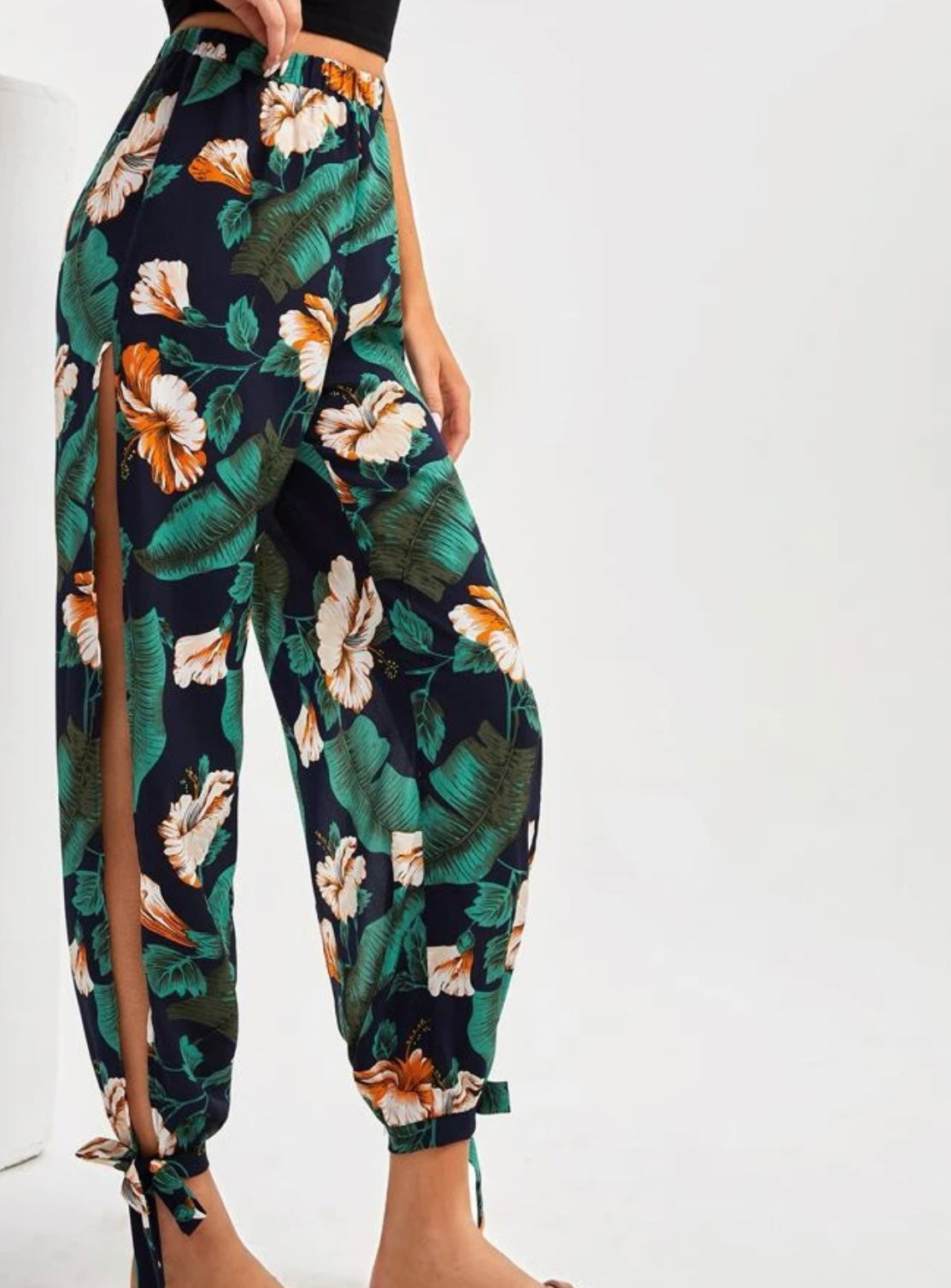 Tall tropical print split side knot hem pants