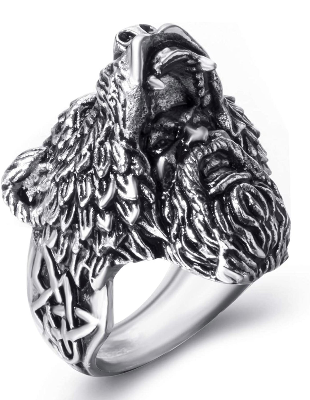 Stainless Steel Rings for Men Viking Bear Man Warrior Silver Black Titanium Biker Ring Charm Jewelry