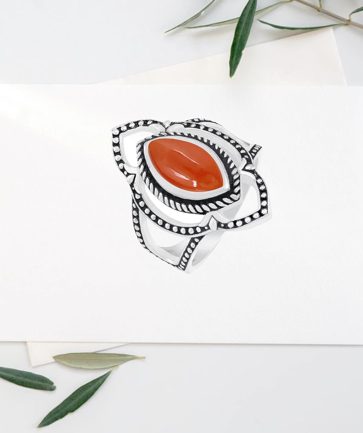 Carnelian Sterling Silver Plated Genuine Gemstone Marquise Shape Solitaire Rings