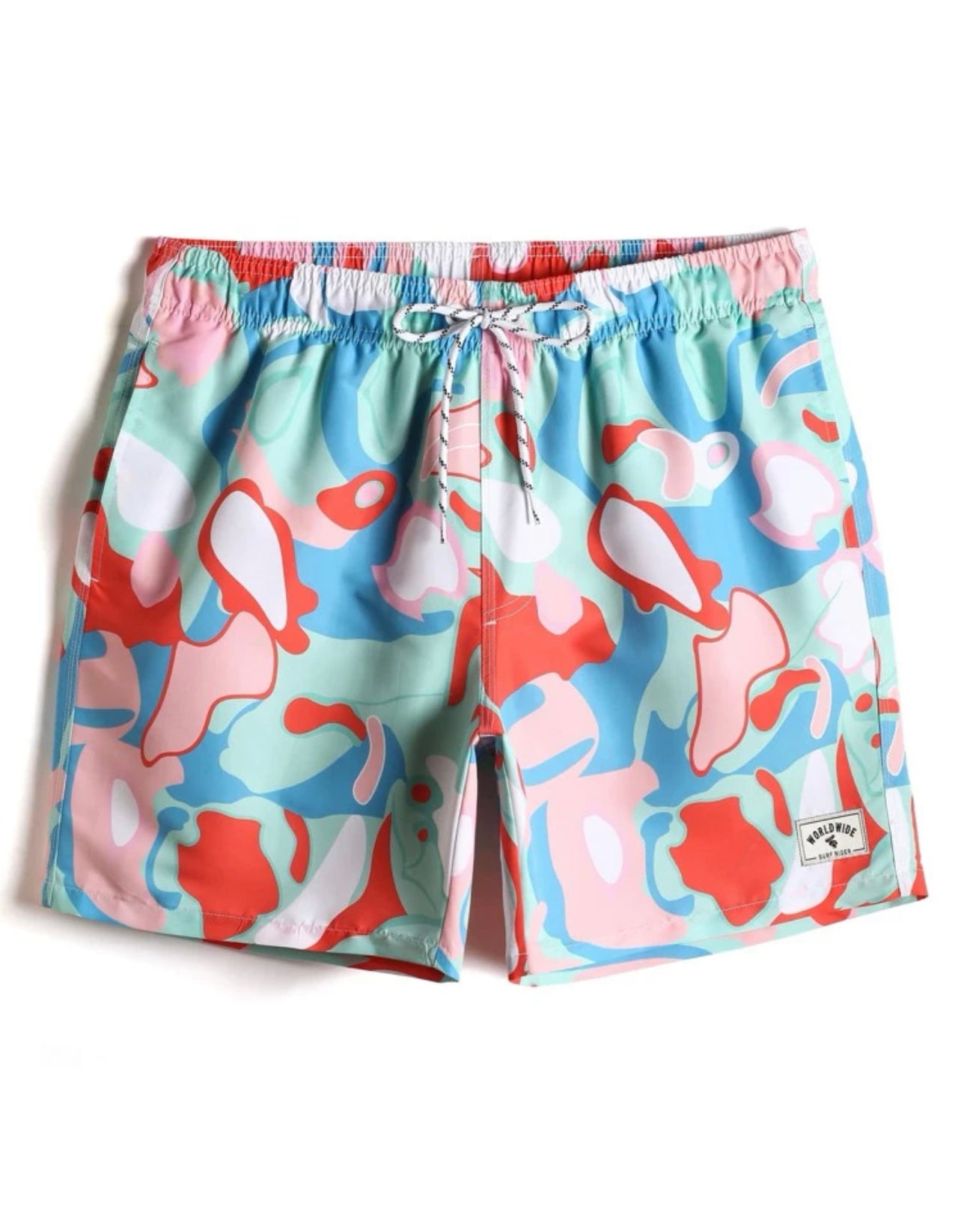 Men Allover Print Letter Patched Drawstring Waist Swim Trunks