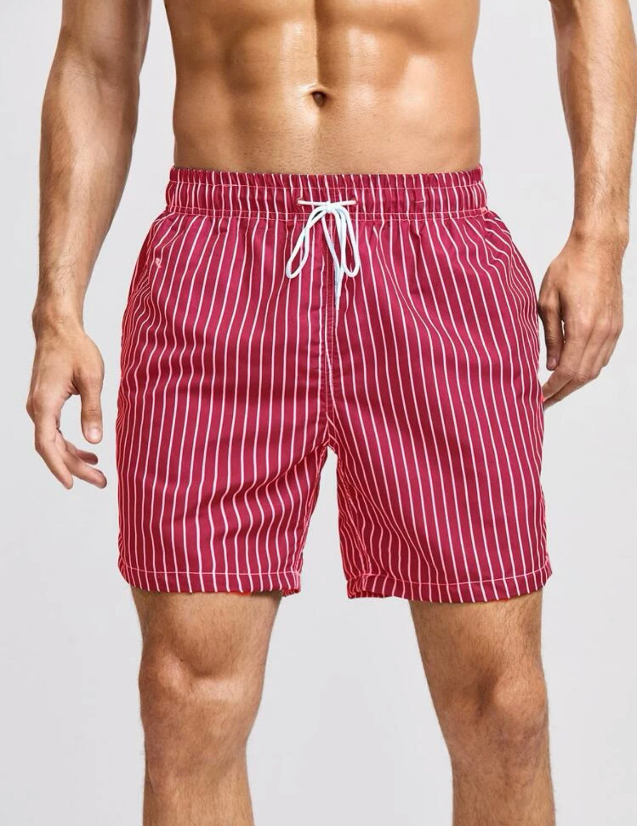 Men’s striped print drawstring waist swim trunks