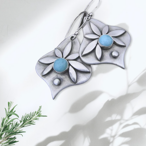 Blue Water Drop Flower Metal Earrings