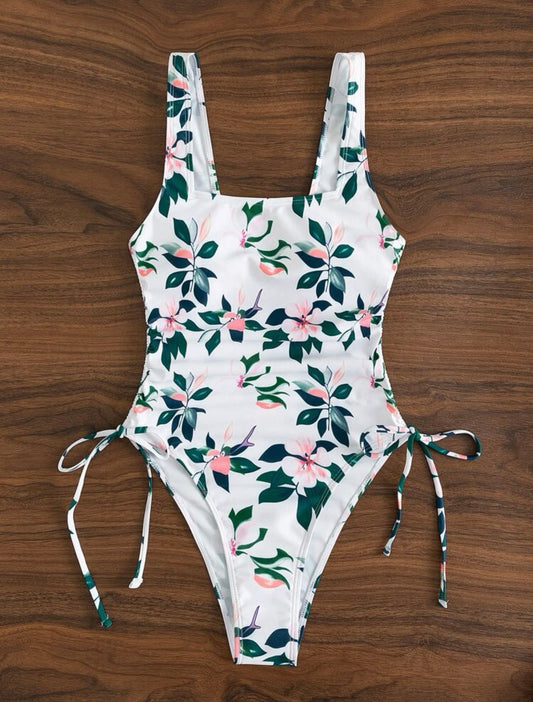 Random floral print tie side one piece swimsuit