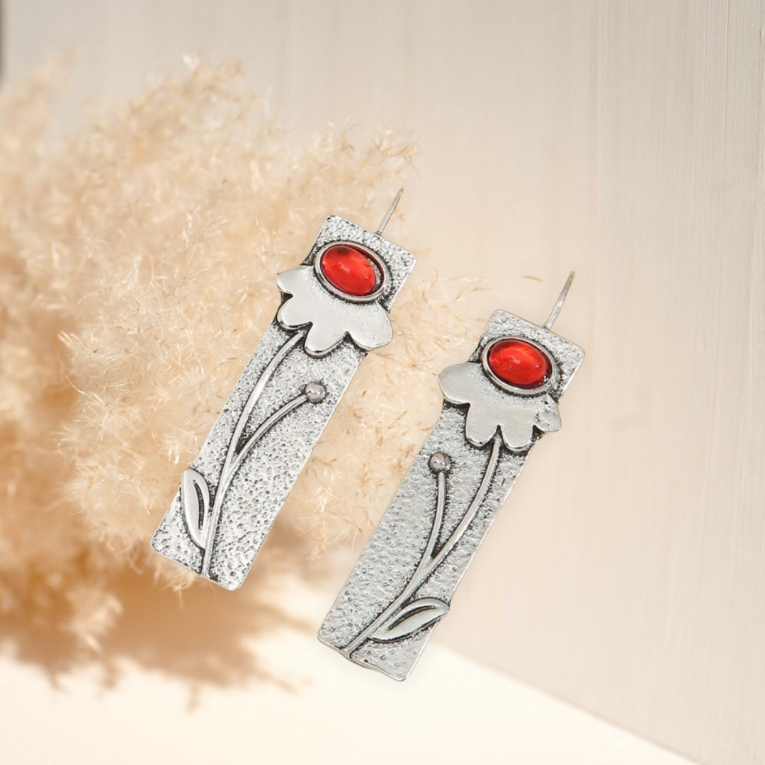 Red flower engraved design earrings