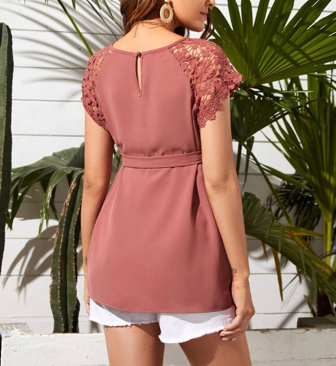 Maternity Guipure Lace Insert Contrast Eyelet Embroidery Butterfly Sleeve Blouse