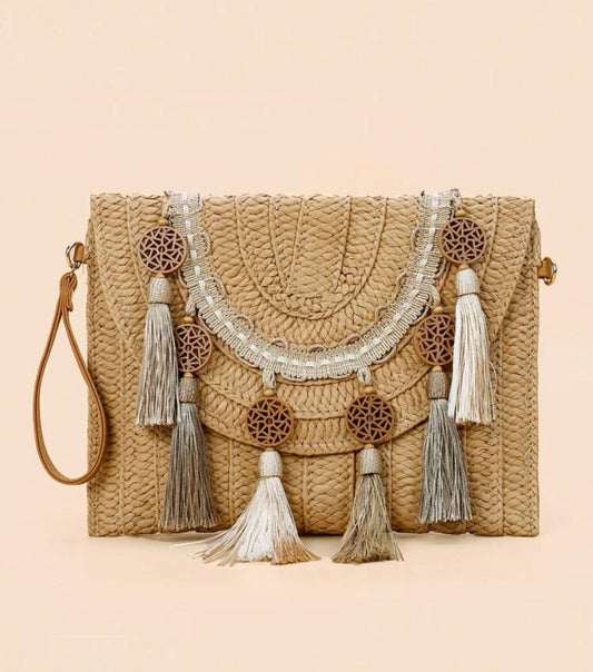 Tassel decor flap straw bag