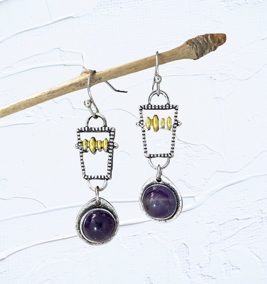 Vintage Round Beads Purple Stone Earrings Two Tone Metal earrings