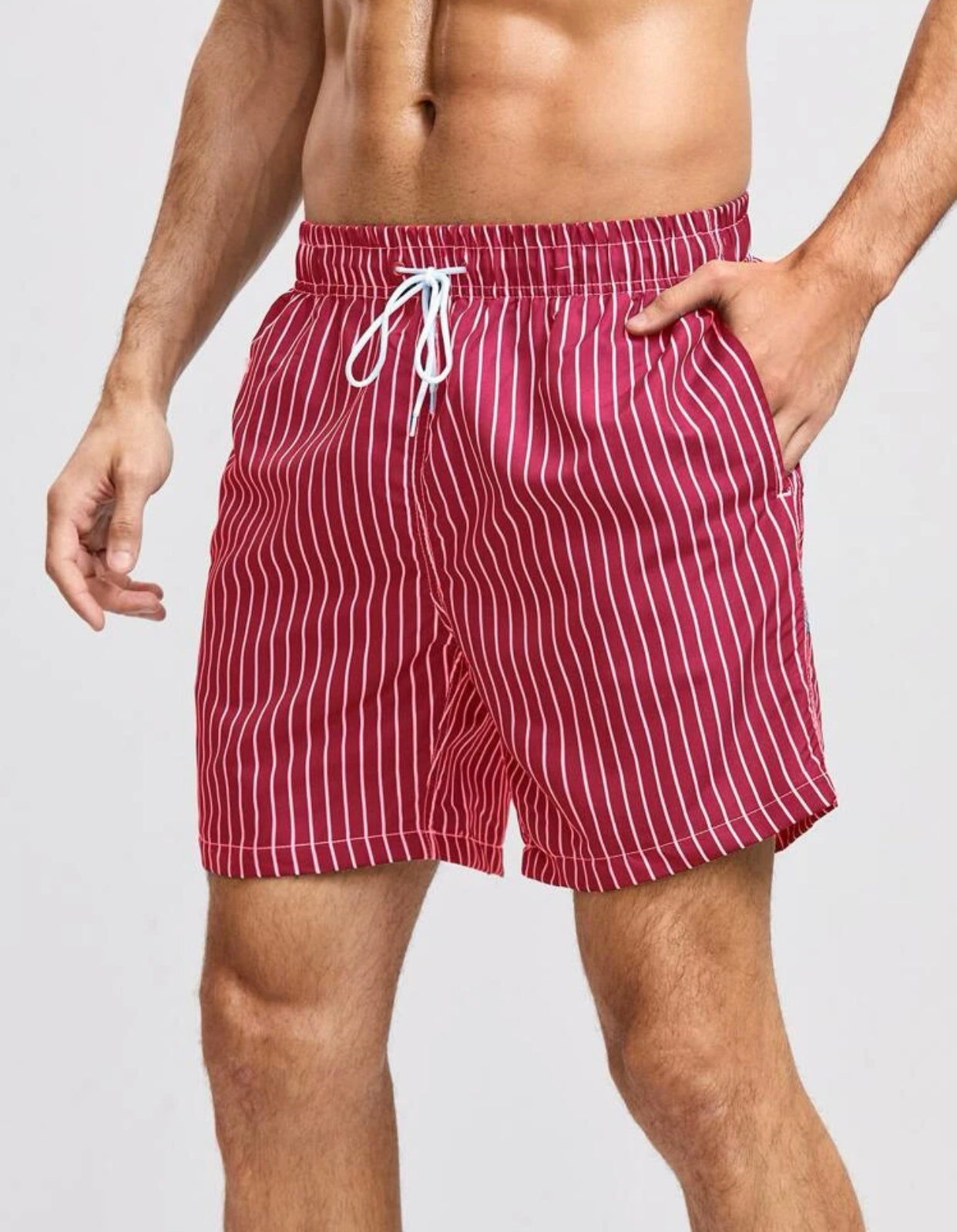 Men’s striped print drawstring waist swim trunks