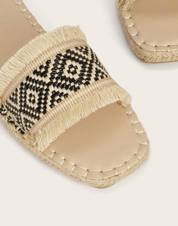 Geo graphic fringe detail slide sandals