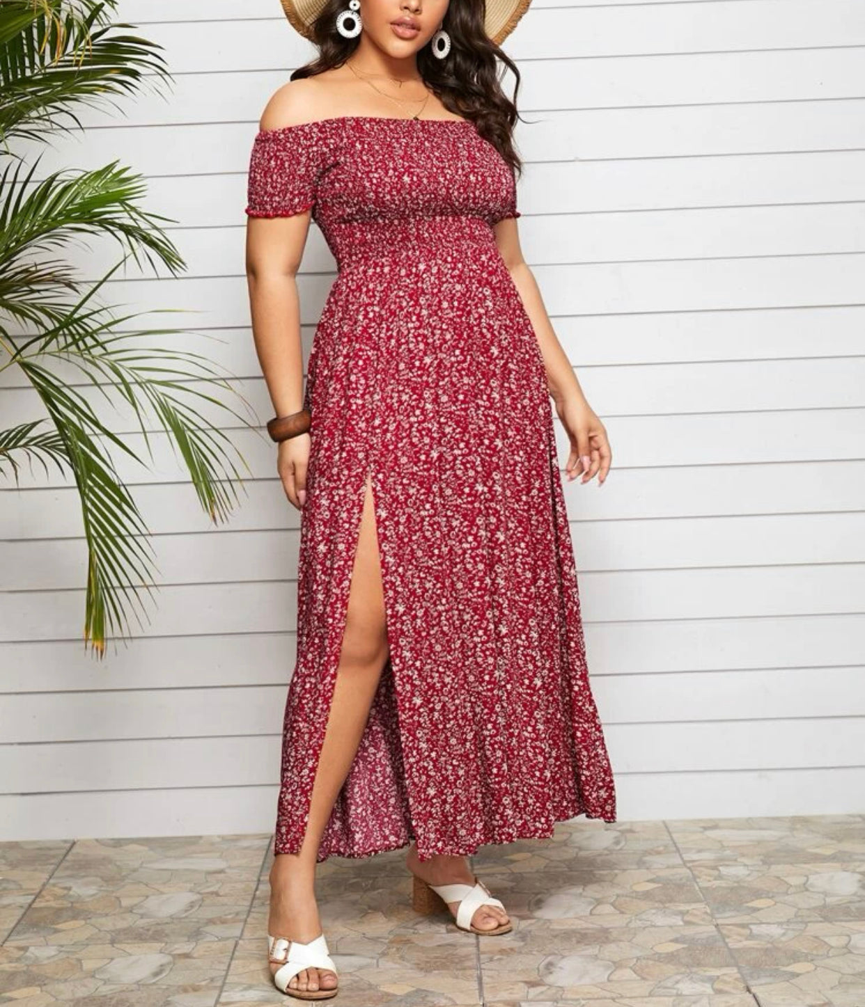 Curve & plus off shoulder shirred split ditsy floral dress