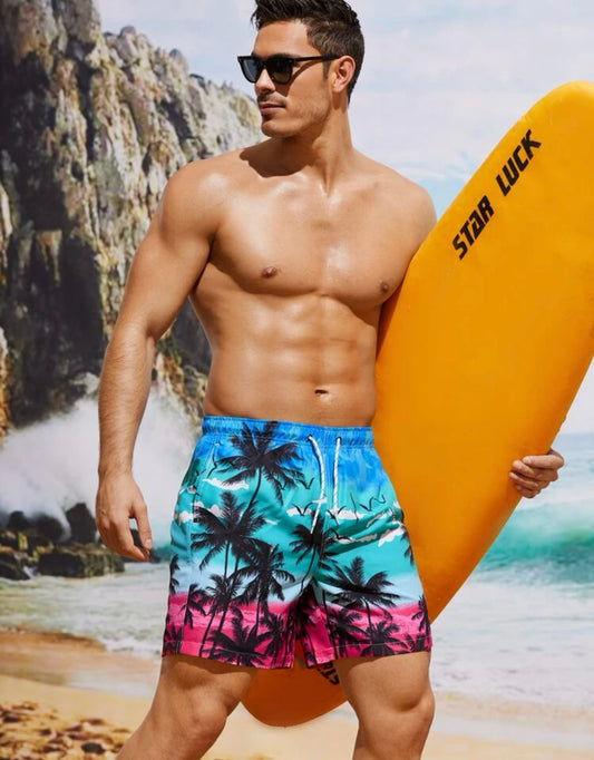 Men Coconut Tree Print Drawstring Waist Swim Trunks