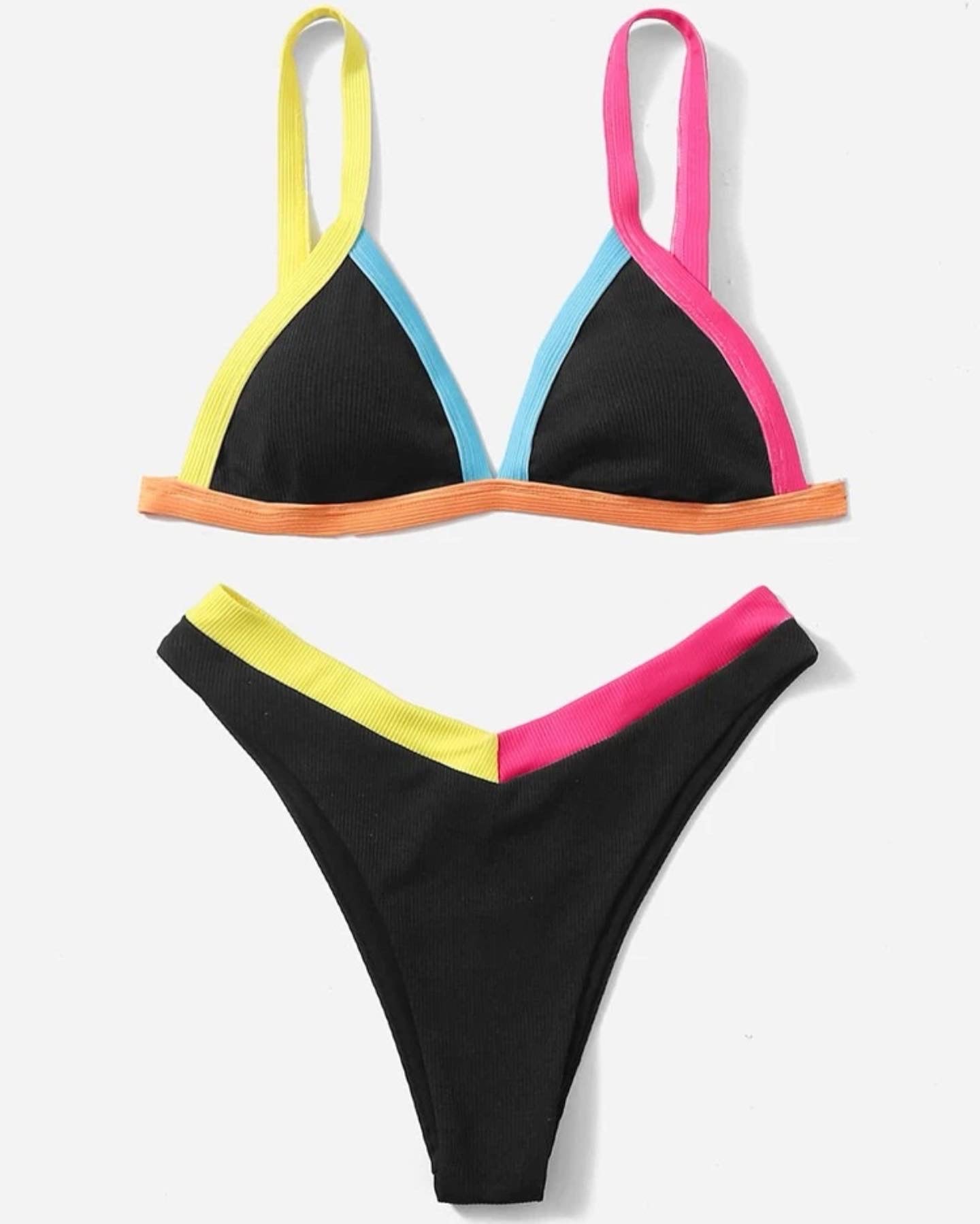 Contrast binding triangle high cut bikini swimsuit
