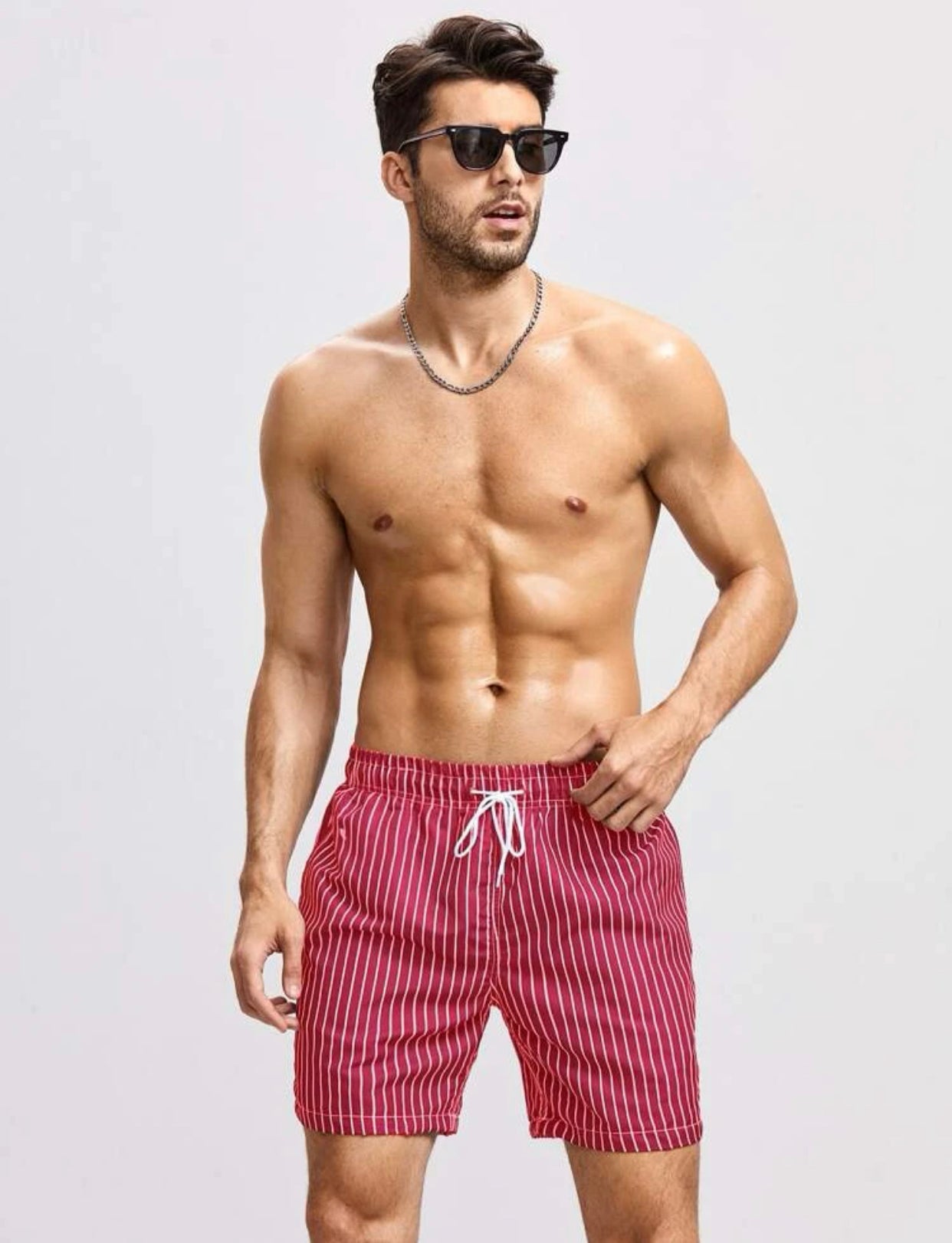 Men’s striped print drawstring waist swim trunks