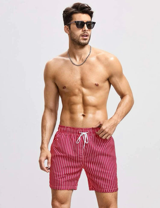 Men’s striped print drawstring waist swim trunks